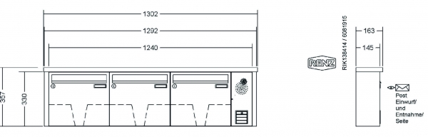 RENZ Briefkastenanlage Aufputz, Tetro, Edelstahl V4A, Kastenformat 370x330x145mm, mit Klingel - & Lichttaster und Vorbereitung Gegensprechanlage, 3-teilig